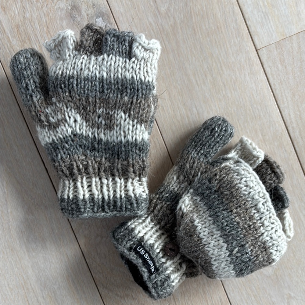 Gray and Cream Striped 100% Wool Convertible Mittens with Ribbed Cuffs